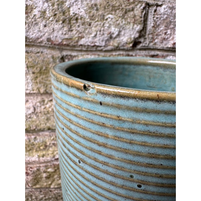 Tall Ribbed Pottery Vase, Turquoise For Sale - Image 9 of 13