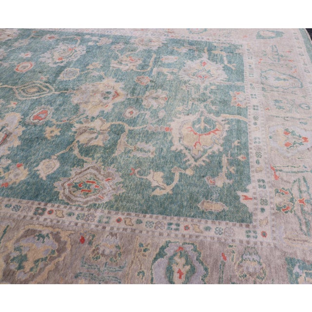 Textile Green Color Turkish Oushak Rug by Keivan Woven Arts 10'7'' X 13'8'' For Sale - Image 7 of 18