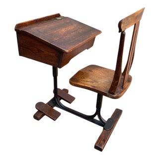 Vintage Oak School Desk and Chair by George M. Hammer & Co., London, UK, 1950s, Set of 2 For Sale