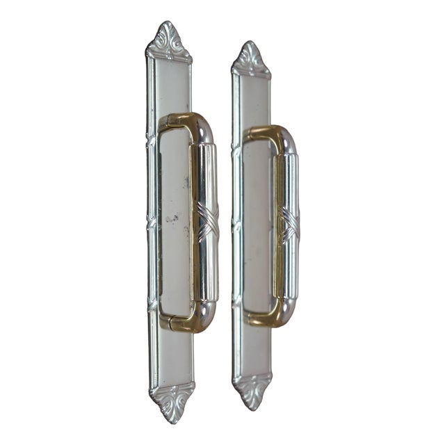 2 Vintage Brass Neoclassical Ribbon & Reed Door Pulls W Backplate 7.5" For Sale