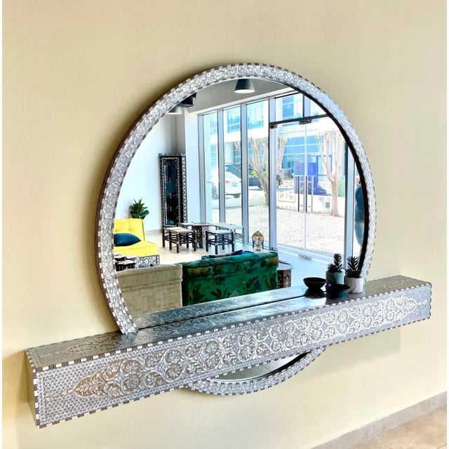 Contemporary Vintage Mother of Pearl Inlaid Wall Console With Round Mirror For Sale - Image 3 of 7