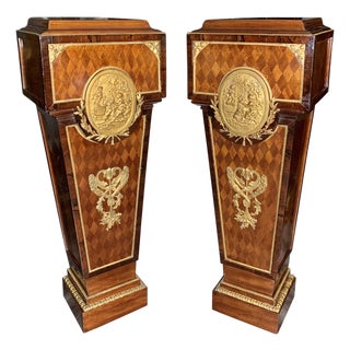 Pair of Antique Louis XVI Style French Gilt Bronze Mounted & Parquetry Pedestals For Sale