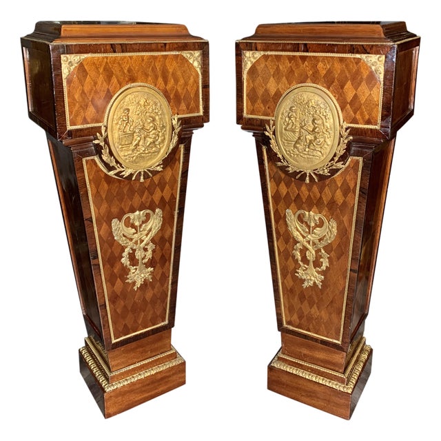 Pair of Antique Louis XVI Style French Gilt Bronze Mounted & Parquetry Pedestals For Sale