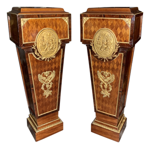 Pair of Antique Louis XVI Style French Gilt Bronze Mounted & Parquetry Pedestals