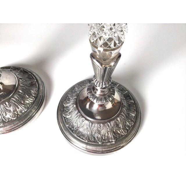 Metal Pair of Pair Pont Cut Glass and Silver Plate Tall Candlesticks For Sale - Image 7 of 11