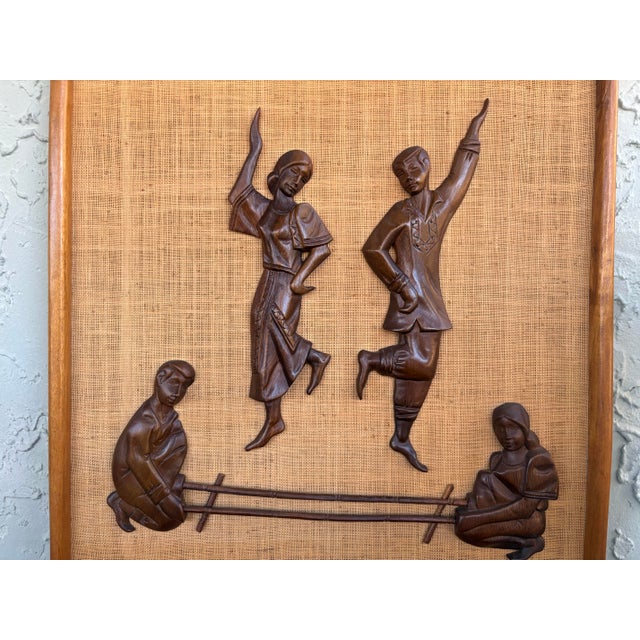 Mid-Century Modern Vintage 1960s Philippine Hand-Carved Teak Folk Dancers Wall Relief on Hessian, 3d Mid-Century Tiki Art For Sale - Image 3 of 9