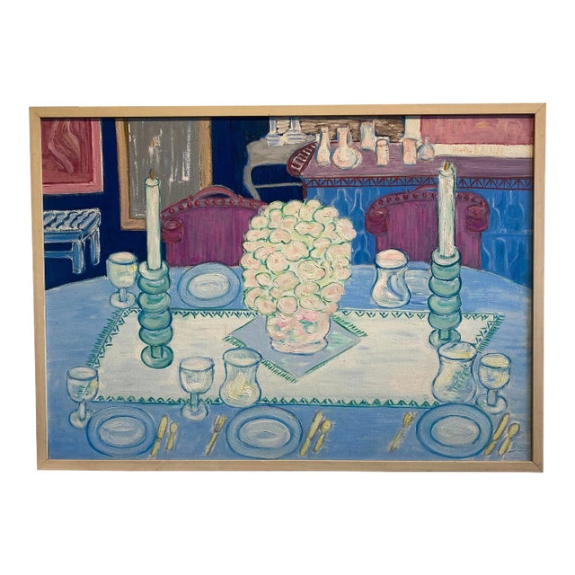 1960s Vintage Dining Room Table Still Life Oil Painting by Molly Schiff, Framed For Sale