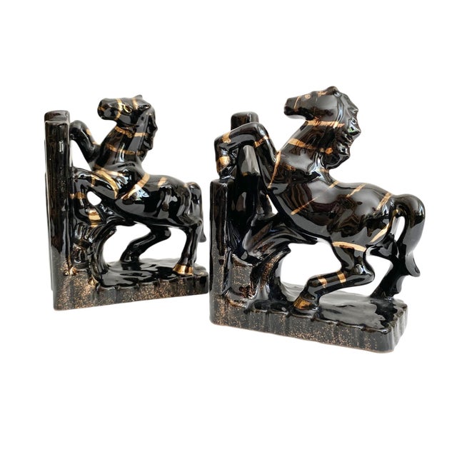 Mid-Century Modern 1950s Black Ceramic Horse Bookends - Black & Gold For Sale - Image 3 of 6