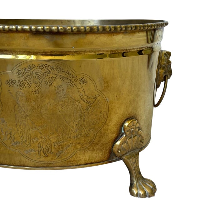 Metal Vintage Asian Motif Lion Head Oval Brass Cachepot Planter For Sale - Image 7 of 9