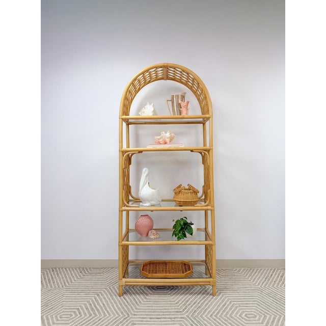 Wood Vintage Arched Rattan Wicker Bamboo Shelf Hollywood Regency Coastal 5 Shelves For Sale - Image 7 of 15