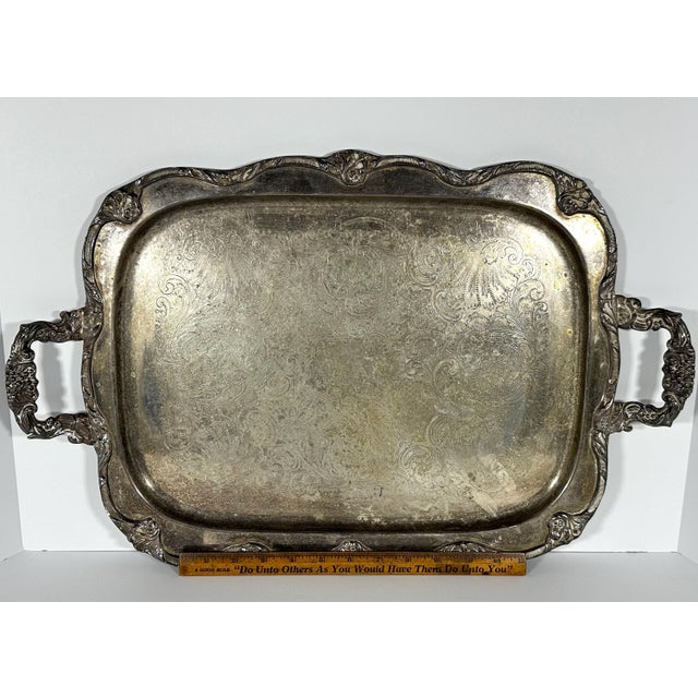 Mid 20th Century Victorian Silverplate Serving Tray: Etched Floral Cartouche, Decorative Handles For Sale - Image 9 of 10