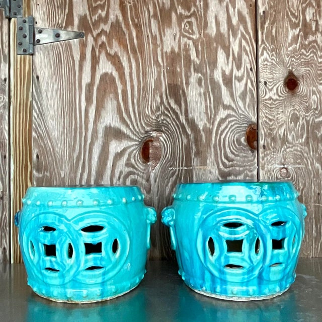 Boho Chic Vintage Boho Glazed Ceramic Low Stools - a Pair For Sale - Image 3 of 5