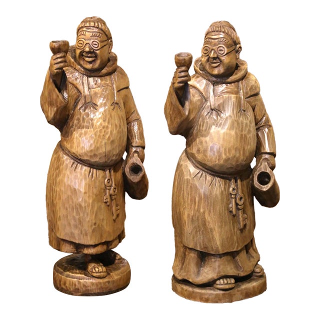 Pair of 19th Century French Black Forest Carved Oak Monks With Goblets For Sale
