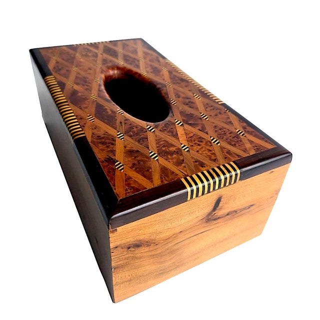 Offered is a stylish art deco style Moroccan tissue box cover with a diamond pattern marquetry inlay detail. It features a...