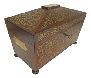 Early 19th Century English Regency Boulle Marquetry Brass Inlay Rosewood Georgian Two Compartment Tea Box With Key