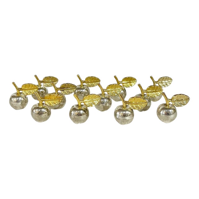 Vintage Set of 12 Silver and Gold Plate Apple Place Card Menu Holders For Sale