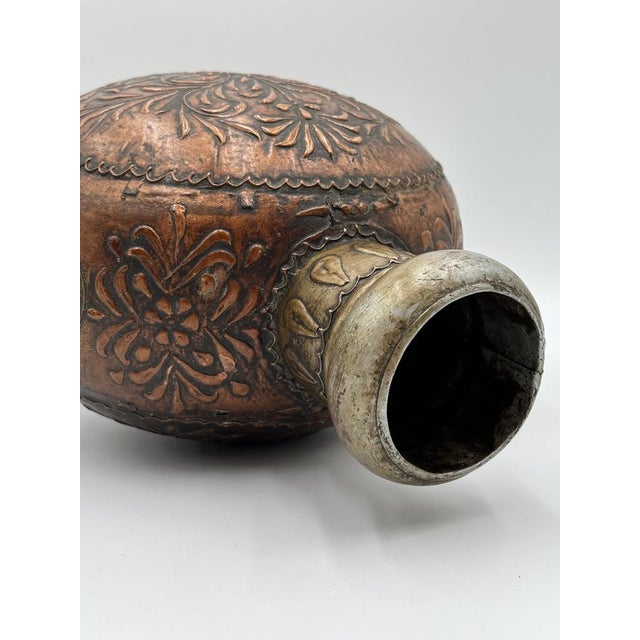 Brown Antique Tibetan Copper Tin Vessel with Floral Pattern, 1920s For Sale - Image 8 of 11