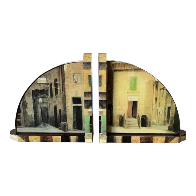 Fornasetti Style Italian Trompe L’Oeil Architectural Bookends With Glass, Tuscan For Sale