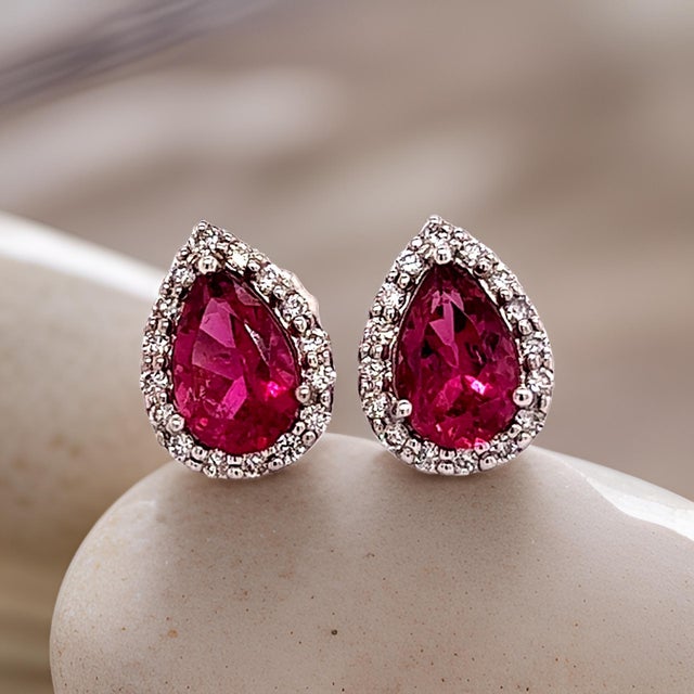 Natural Pink Tourmaline Diamond Stud Earrings 14k W Gold 2.02 TCW Certified For Sale - Image 11 of 18