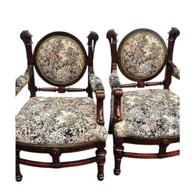 Rare Pair of Antique Medallion Back Parlor Armchairs – Ornate Carved Wood & Floral Tapestry For Sale - Image 9 of 12