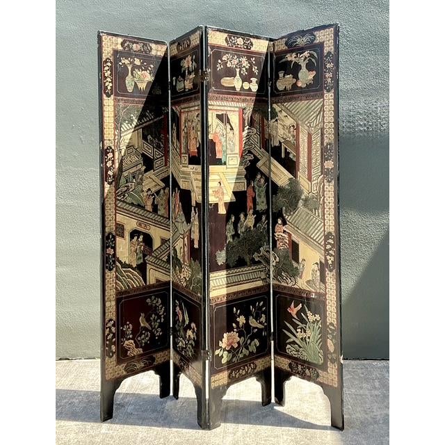 Vintage Chinoiserie Four Panel Folding Screen For Sale - Image 9 of 12