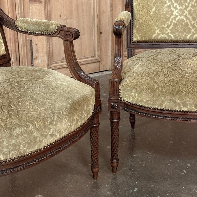 Wood Pair of 19th Century French Louis XVI Walnut Armchairs ~ Fauteuils For Sale - Image 7 of 17