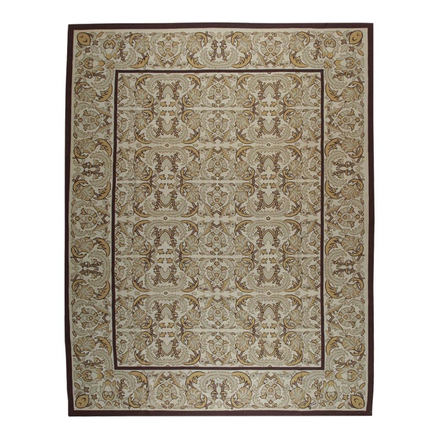 9x12 Vintage Aubusson Flat Weave Wool Rug, Beige Renaissance Scroll For Sale