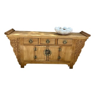 Late 20th Century Chinese Altar Cabinet in the Traditional Style — Elmwood With Original Brass Hardware, 73" For Sale