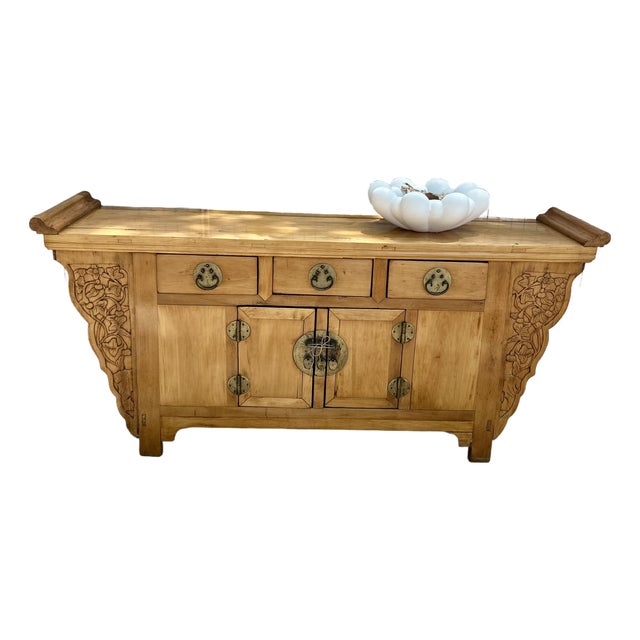 Late 20th Century Chinese Altar Cabinet in the Traditional Style — Elmwood With Original Brass Hardware, 73" For Sale