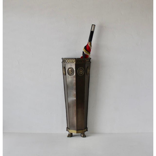 Bronze Mid 20th Century Slim Brass Wall Umbrella Stand Cane Holder Decorative Medallions Paw Footed Details For Sale - Image 8 of 16