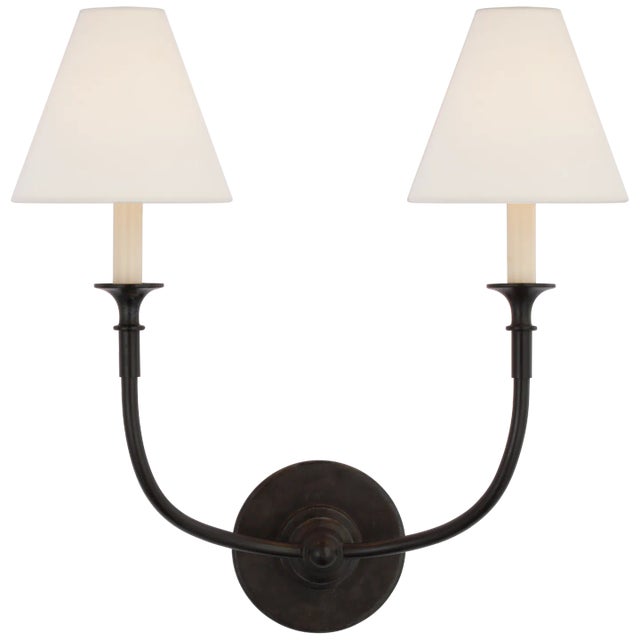 Thomas O'Brien for Visual Comfort Signature Piaf Double Sconce in Aged Iron with Linen Shades For Sale