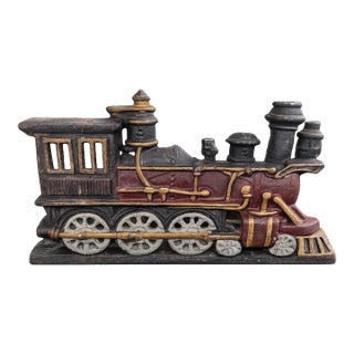 Vintage Cast Iron Steam Locomotive Doorstop With Original Polychrome Paint For Sale