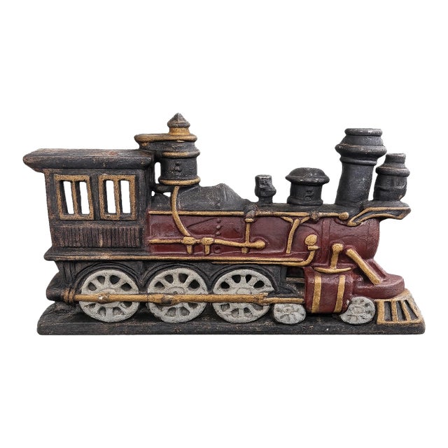 Vintage Cast Iron Steam Locomotive Doorstop With Original Polychrome Paint For Sale