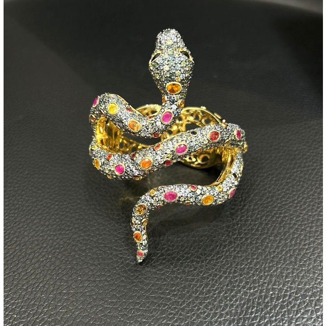 Early 21st Century Bochic "Orient" Vintage Sapphire & Ruby Serpent Cuff Set In 18K Gold & Silver For Sale - Image 5 of 18
