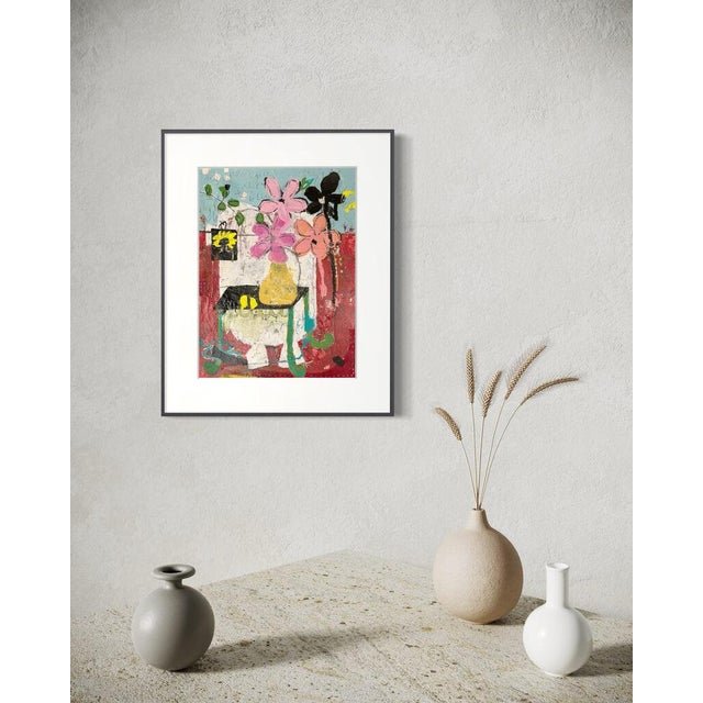Red Christiane Corcelle "The Enigma of Ebony Blooms" Mixed Media on BFK Paper, Framed Abstract Floral Still Life in Red and Pink, 2024 For Sale - Image 8 of 8