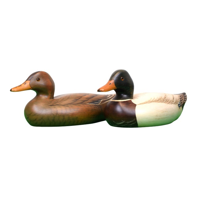 Set of 2 Abercrombie & Fitch Circa 1980s Hand-Carved/ Painted Mallard Drake & Hen Decoys by Robert Capriola For Sale