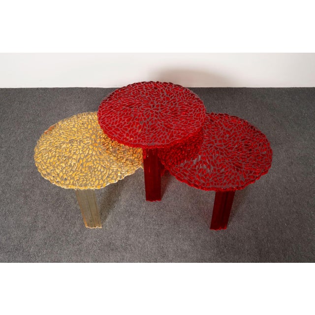 Red Set of Three Red and Gold Acrylic "T" Tables by Patricia Urquiola for Kartell For Sale - Image 8 of 18