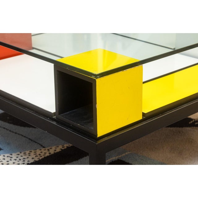 Custom Made Piet Mondrian Style Postmodern Square Glass and Wood Coffee Table For Sale In Detroit - Image 6 of 10