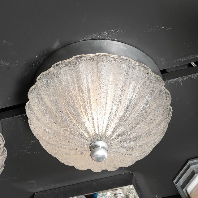 Silver Pair of Mid Century Mottled & Fluted Murano Glass Flush Mount Chandeliers For Sale - Image 8 of 18