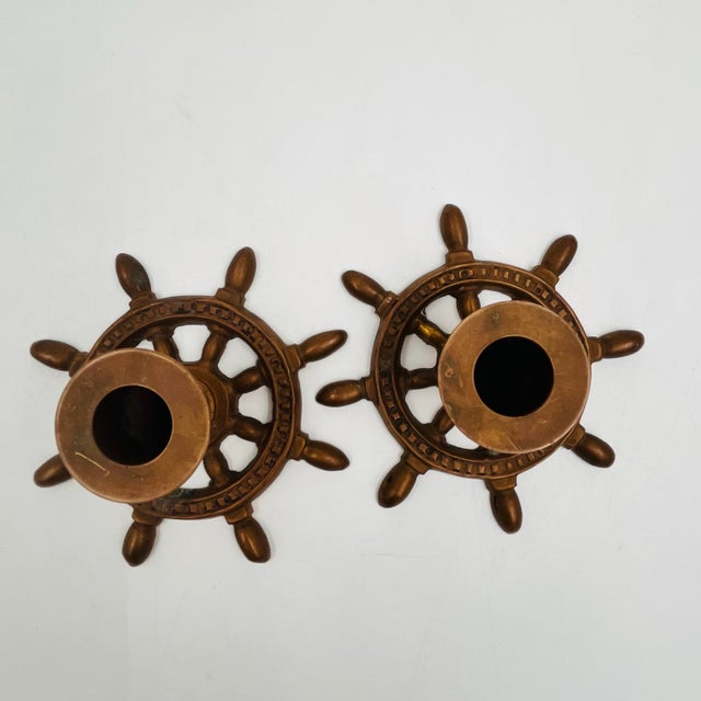 Vintage Brass Nautical Ship's Wheel Candlestick Holders - Set of Two For Sale In New York - Image 6 of 11