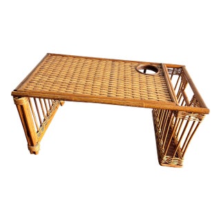Vintage Wicker & Rattan Breakfast Tray Table With Cup Holder – Coastal / Boho For Sale