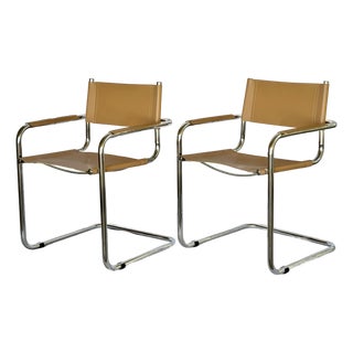 Mid Century Mart Stam Style Leather and Chrome Armchairs - A Pair For Sale