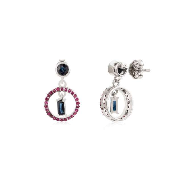 Caratandher Modernist Sterling Silver Ruby & Blue Sapphire Circle Drop Earrings- 2 Pieces For Sale - Image 4 of 9