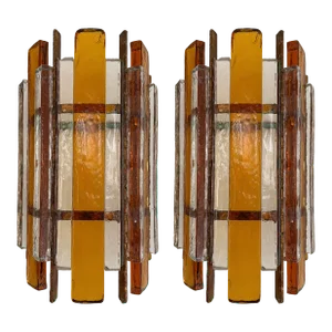 Pair of Hammered Glass Wrought Iron Sconces by Longobard, Italy, 1970s