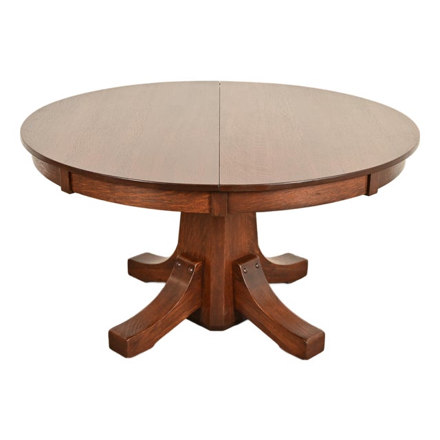 Stickley Brothers Antique Mission Oak Arts & Crafts Pedestal Extension Dining Table, Newly Refinished For Sale