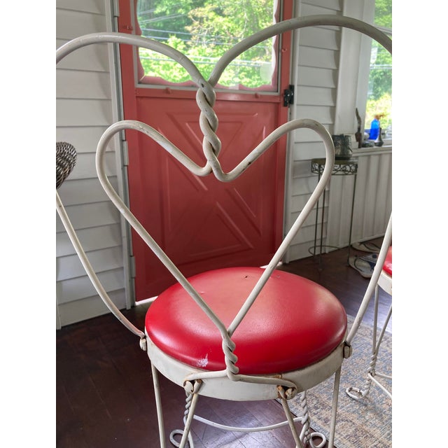 Set of 4 beautiful Mid-Century ice cream parlor chairs- white metal, red seats; Made by L&B Products in Hudson, NY-...
