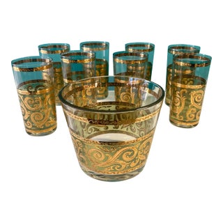 1960s Culver LTD Green Glass and Applied Gold Cocktail Service Highballs and Ice Bucket - 9 Pieces Signed For Sale