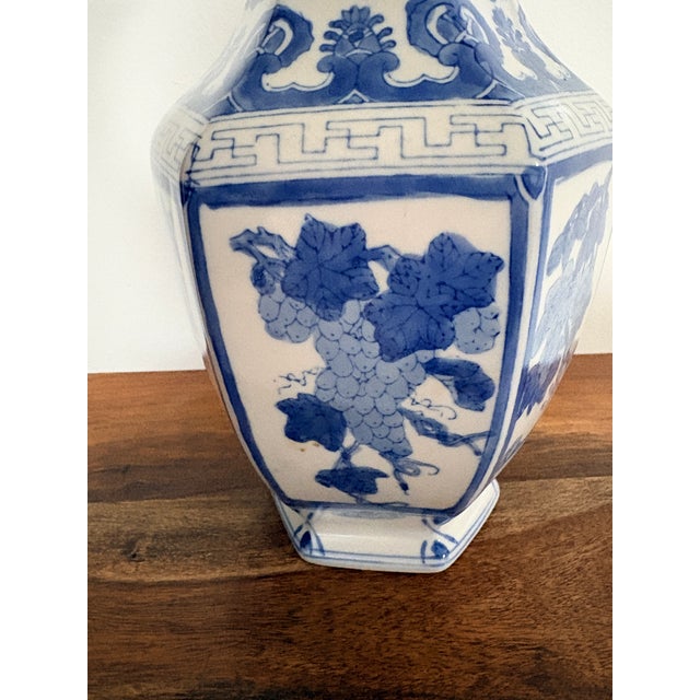 Asian Style Vintage 15″ Blue & White Ceramic Vase, Hexagonal Shape, Hand‑Painted Floral Design For Sale - Image 4 of 9