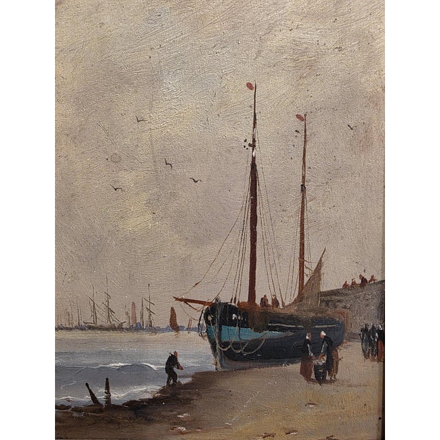 Boats in the Harbor. Oil Paintings on a Panel, Framed, Set of 2 For Sale - Image 9 of 10