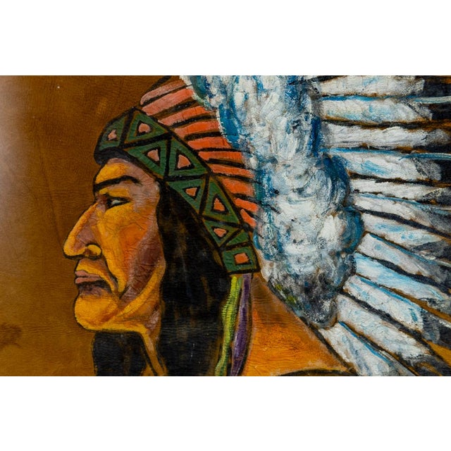 Mid-Century Oil on Tanned Hide Portrait Painting of a Native American Chief For Sale - Image 4 of 12